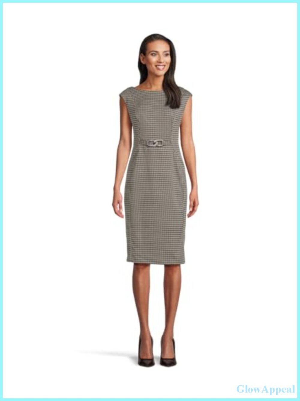 Cap Sleeve Tweed Knee Length Sheath Dress with Hardware Belt